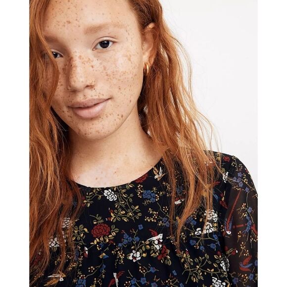 NWT|Madewell Sheer Sleeve Ruffle Peplum Floral Long Sleeve Top, MEDIUM - Picture 3 of 12